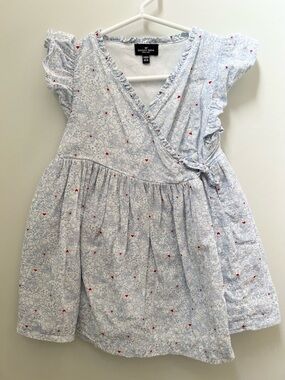 Sergeant Major Sweetheart Wrap Dress for Girls in Light Blue with Red Hearts